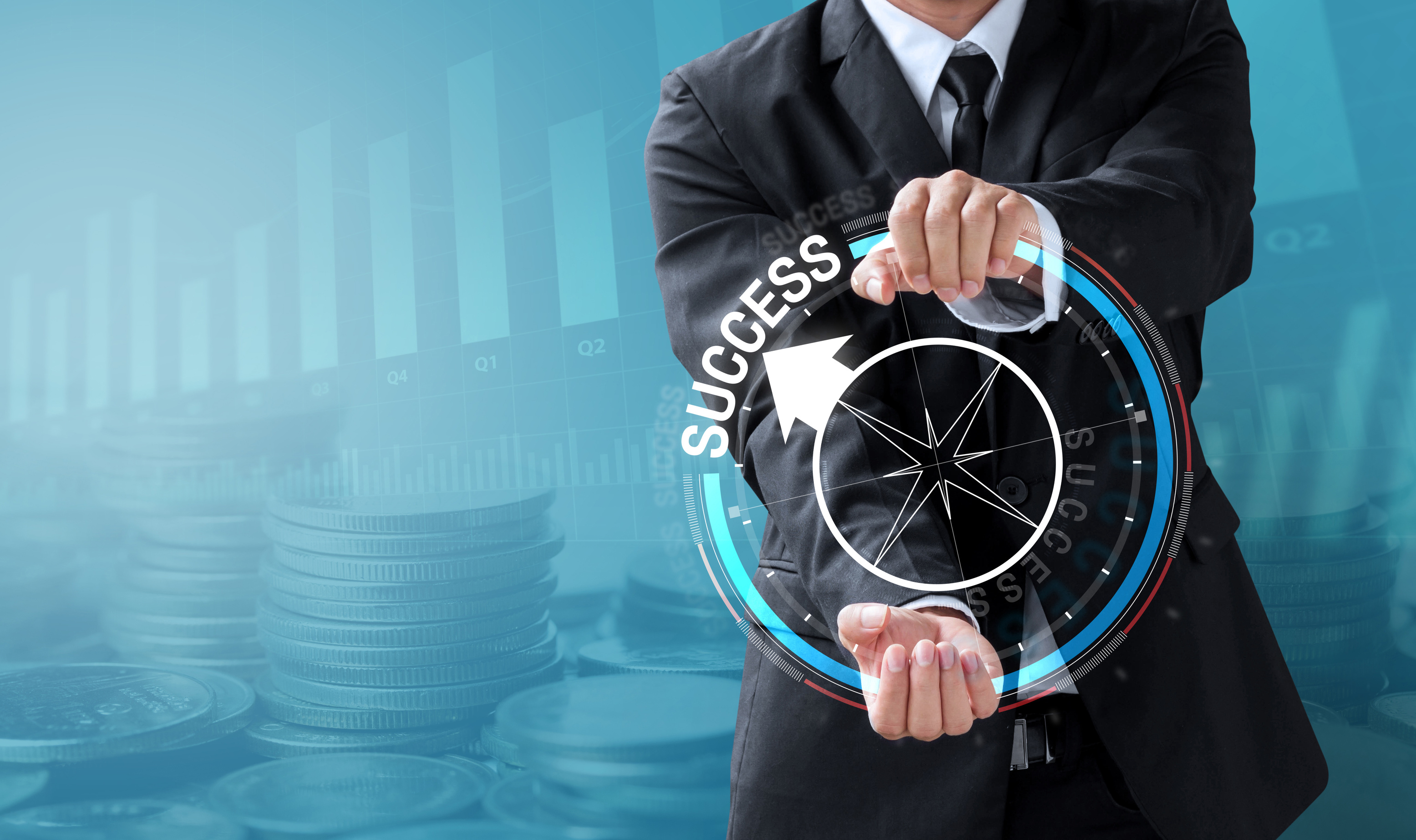 business man drive compass to success